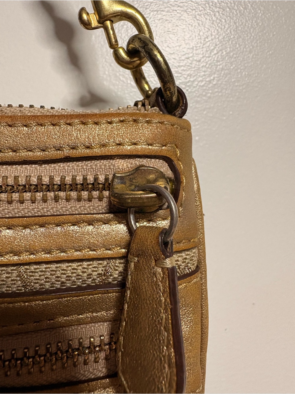 Coach Metallic Gold Signature Canvas Wristlet with Leather Trim - Picture 3 of 8